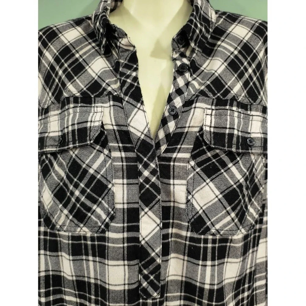 J. Crew Plaid Tunic Shirt Dress Black White Long Sleeve Pockets‎ Size Medium